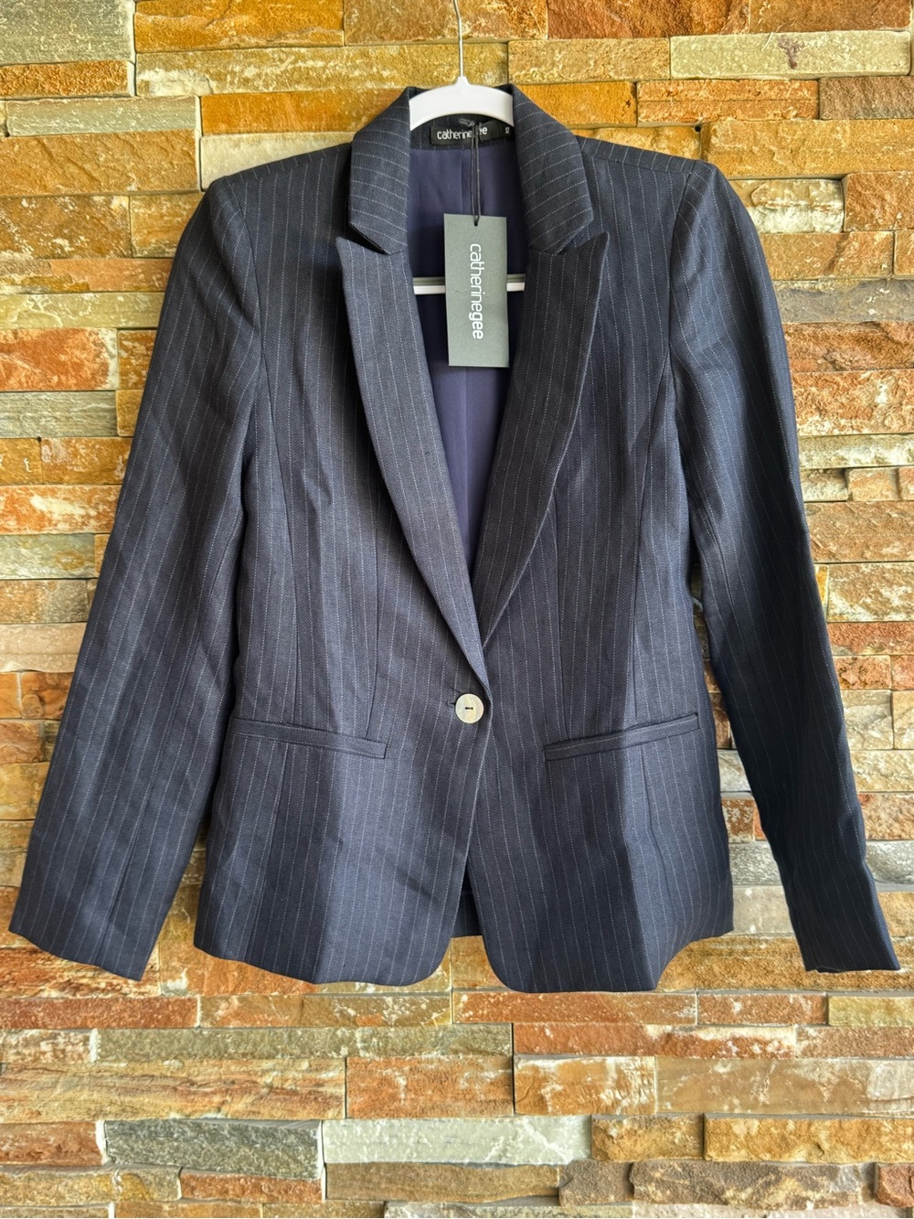 Catherine Gee  Blazer Navy Pinstripe Single Button Blazer Linen Silk NWT XS